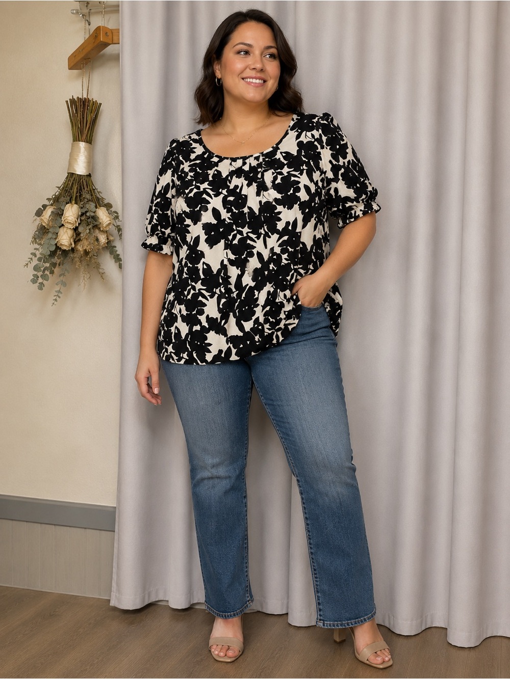 Apt. 9 Black & White Floral Scoop Neck Puff-Sleeve Top